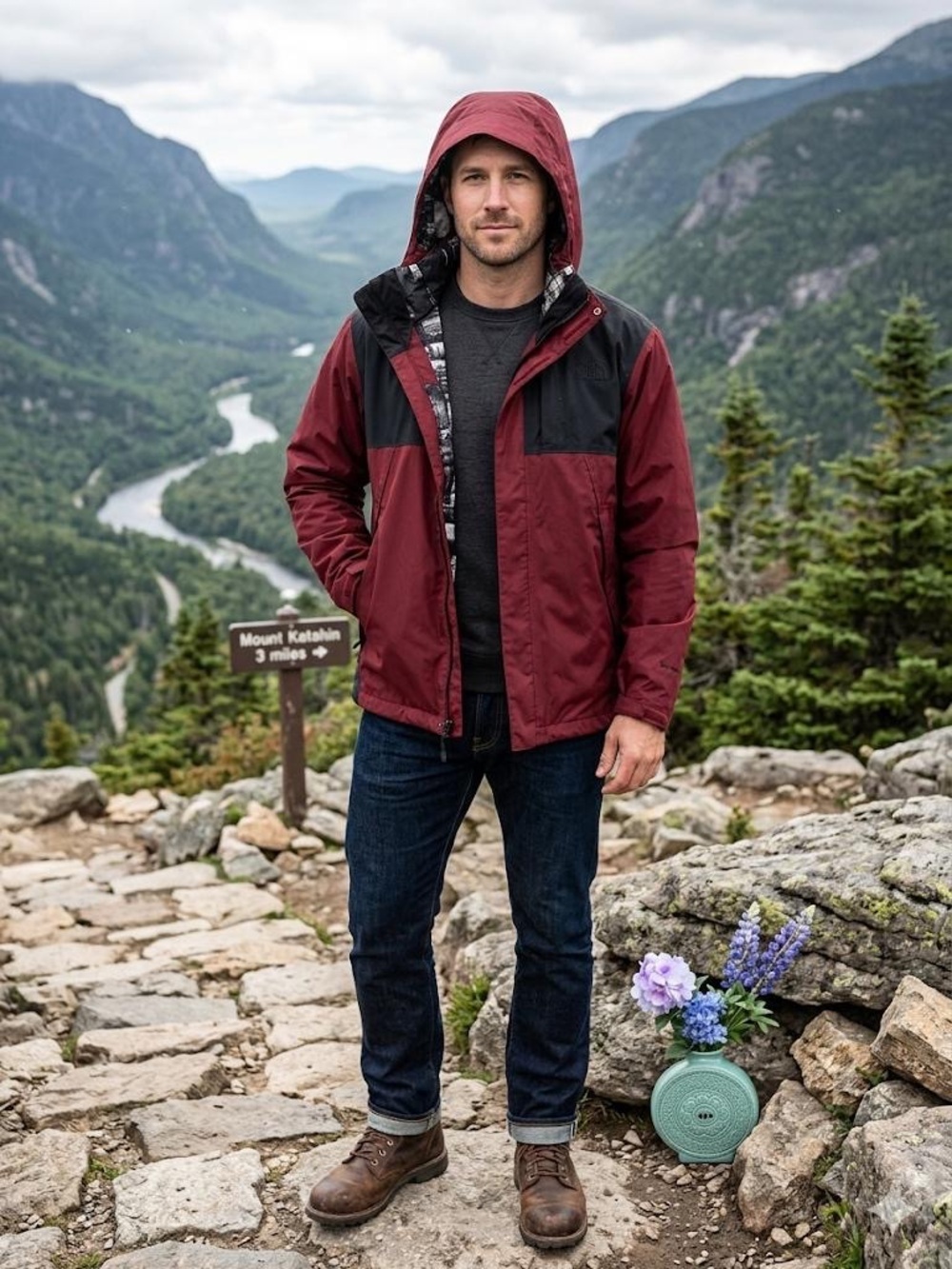 The North Face Men's Hooded Rain Jacket - Burgundy & Black Dryvent Size M